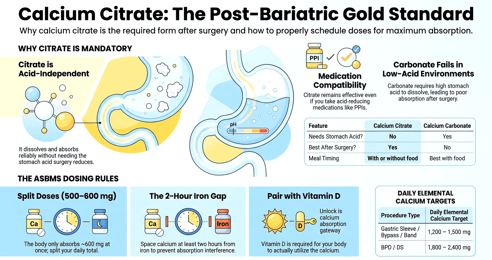 Post-bariatric calcium citrate guide infographic: why calcium citrate over carbonate, the 500–600 mg absorption ceiling, split dosing schedules, the two-hour iron separation rule, elemental calcium math, and pairing with vitamin D3.