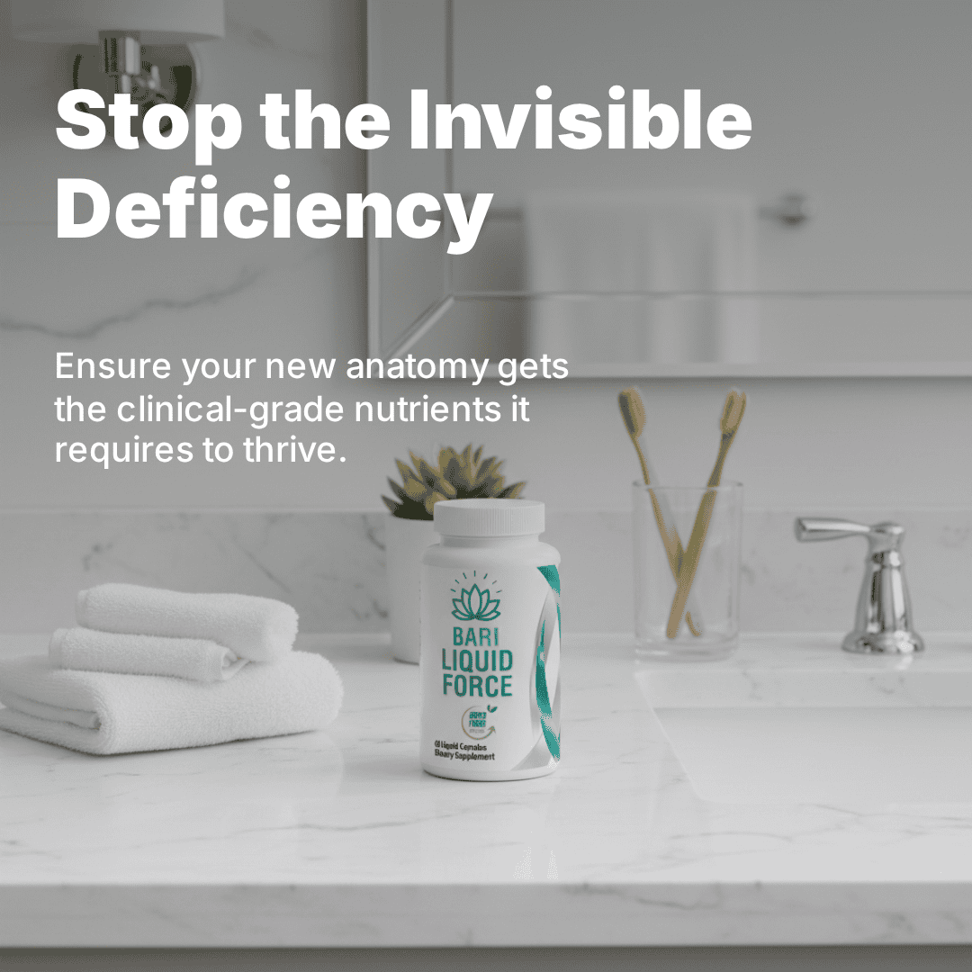 Bari Liquid Force bottle with text: Stop the Invisible Deficiency. Ensure your new anatomy gets the clinical-grade nutrients it requires to thrive.