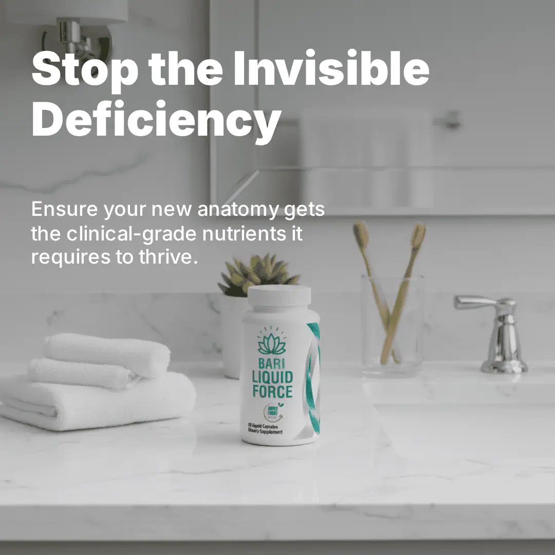 Bari Liquid Force bariatric multivitamin bottle with text: Stop the Invisible Deficiency. Ensure your new post-bariatric anatomy gets the clinical-grade nutrients it requires to thrive.