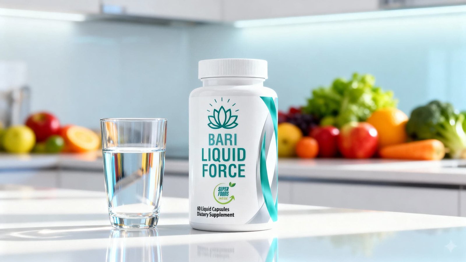 Bari Liquid Force bariatric multivitamin bottle on a kitchen counter with a glass of water and fresh fruits and vegetables
