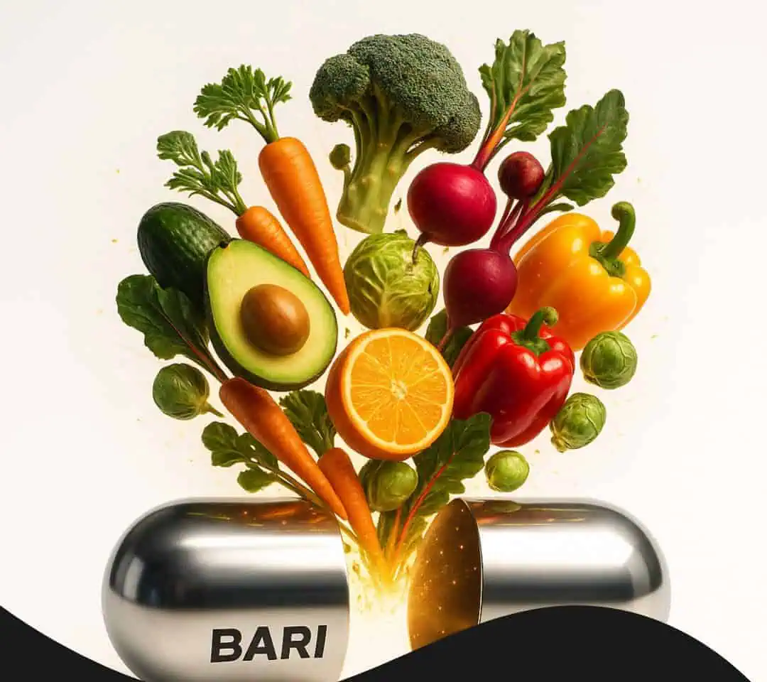 Bari Liquid Force liquid gel capsule with vitamins, minerals, fruits, and vegetables emerging from it, representing the 29 nutrients and 42 superfoods inside.
